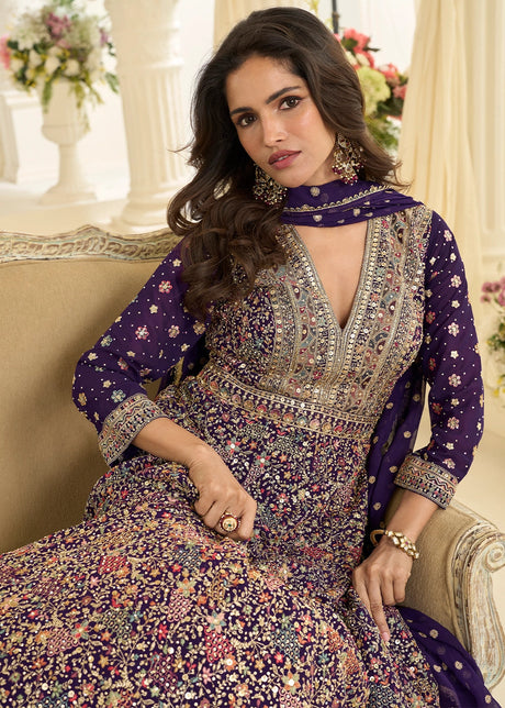 PURPLE GEORGETTE ANARKALI GOWN WITH ALL-OVER ZARKAN EMBROIDERY