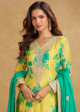 Lemon Yellow Chinon Silk With Palazzo Suit