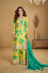 Lemon Yellow Chinon Silk With Palazzo Suit