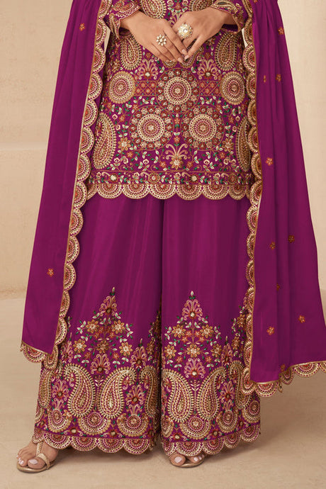 Pink  Embroidered Chinon Suit