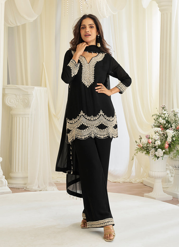 Black Handwork Embroidered Pant Style Suit