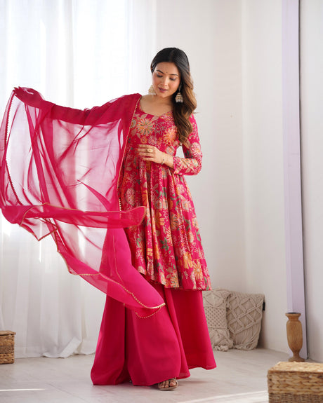 Rani Pink Color Raman silk Printed Plazzo Suit