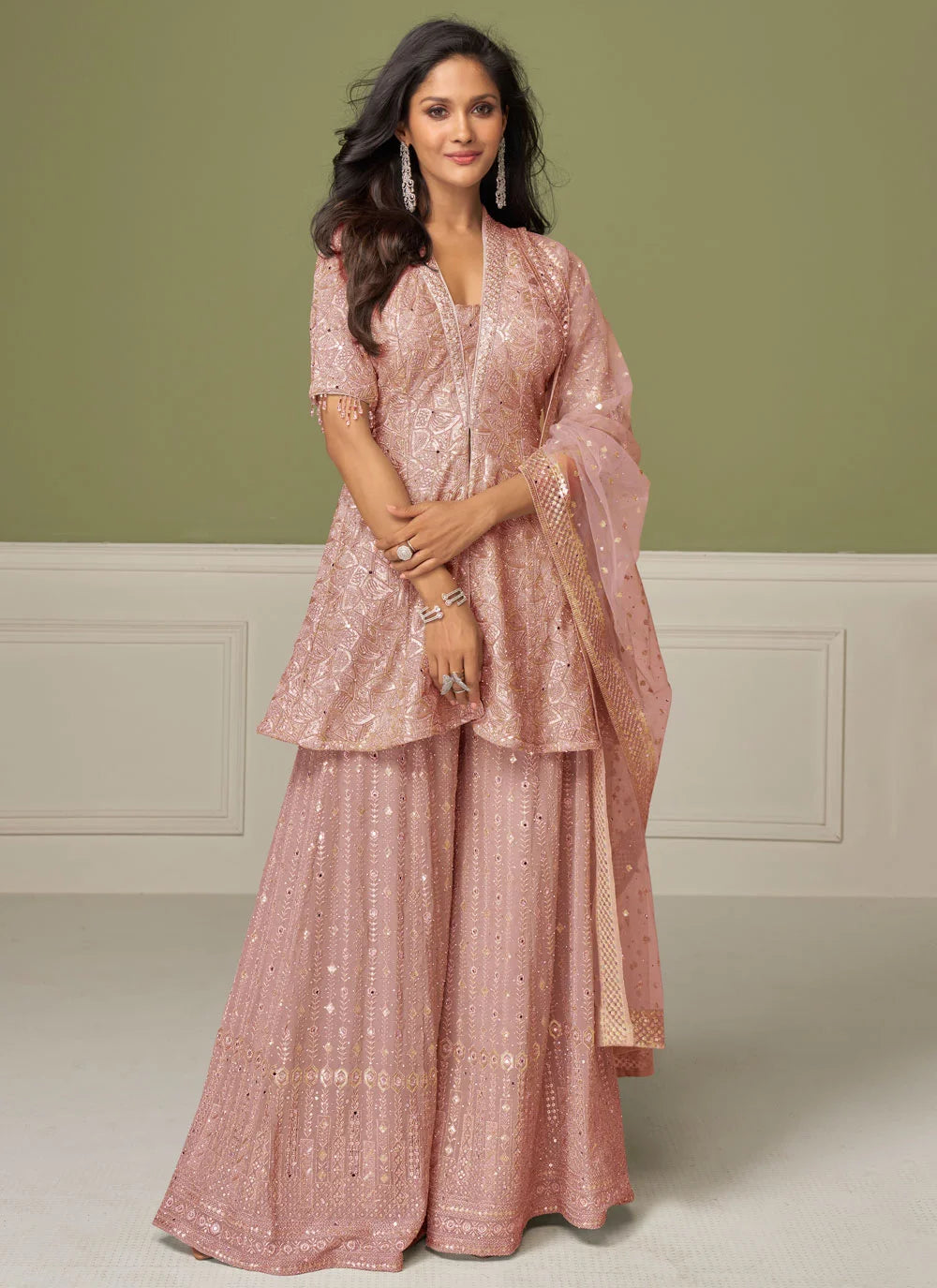 Dusty Rose Georgette Embroidered Palazzo Suit
