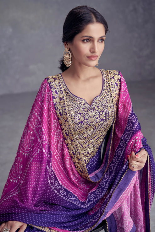 Blue Chinon Suit With Bandhej Print