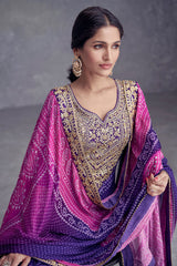 Blue Chinon Suit With Bandhej Print