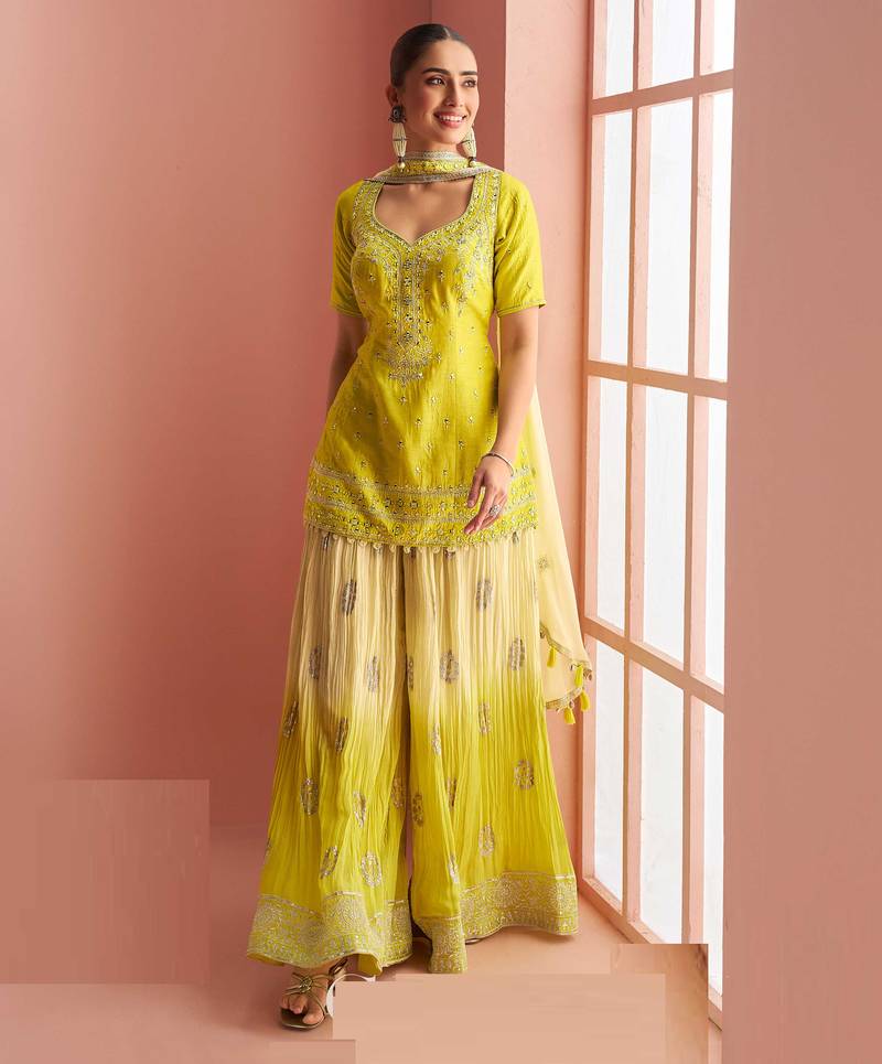 Lime Yellow Embroidery Mirror & Printed Work Chinnon Silk Suit