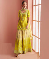 Lime Yellow Embroidery Mirror & Printed Work Chinnon Silk Suit