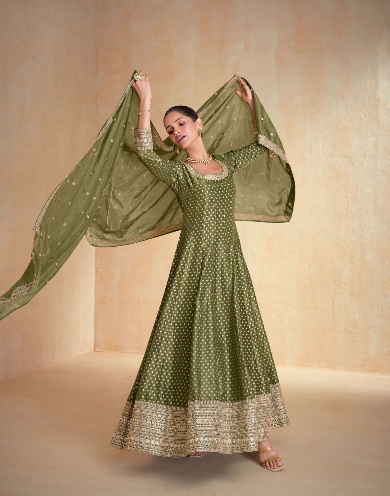 Olive Green Jacquard Organza Silk Gown with Dupatta