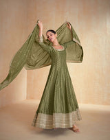 Olive Green Jacquard Organza Silk Gown with Dupatta