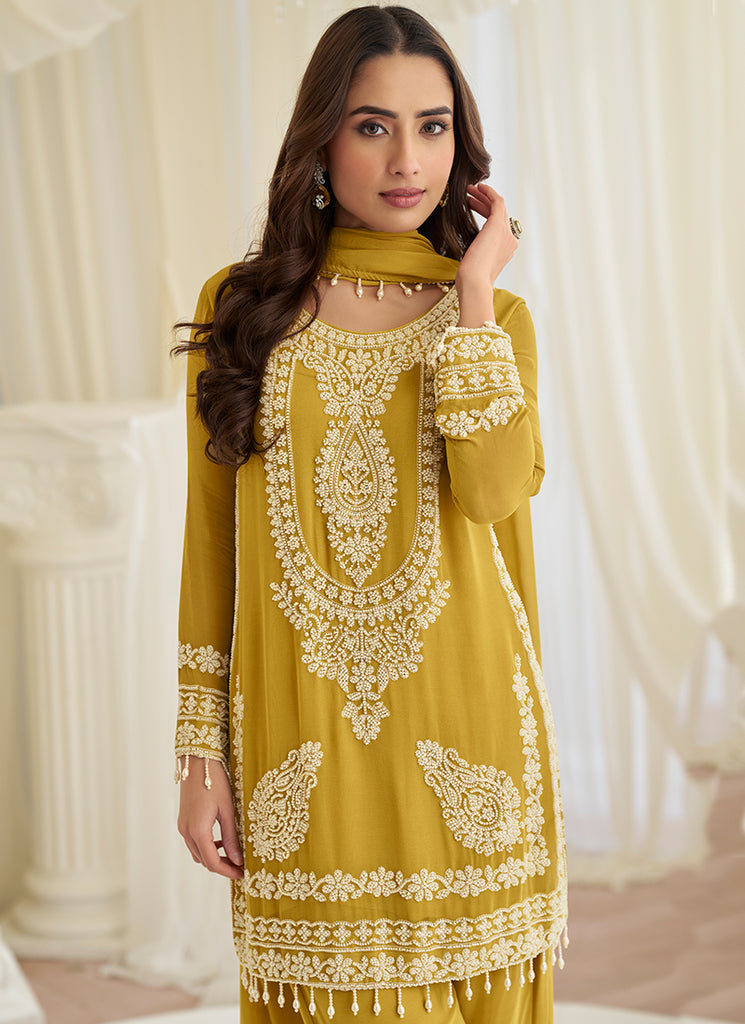 Yellow Handwork Embroidery Pant Style Suit