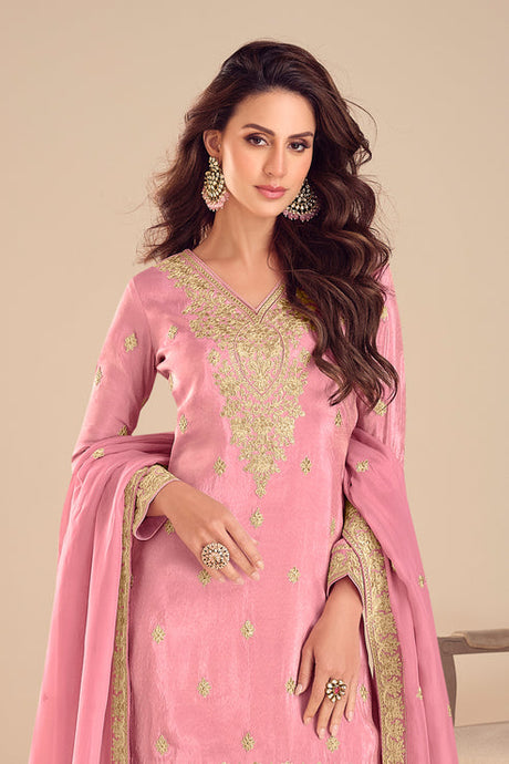 Pink Embroidered Simar Silk Suit