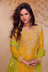 Yellow Chinon Embroidered  Suit