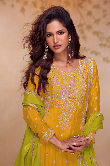 Yellow Chinon Embroidered  Suit