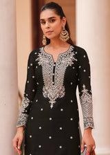 Onyx Black Embroidered Chinon Silk Kurta