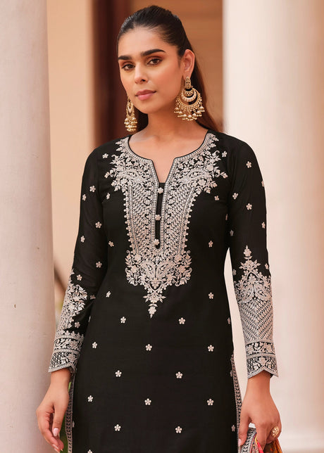 Onyx Black Embroidered Chinon Silk Kurta