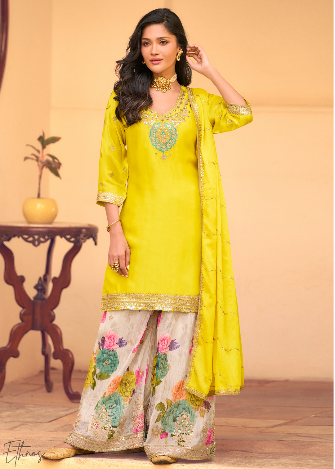 Sunshine Yellow Chinon Silk Sharara Suit
