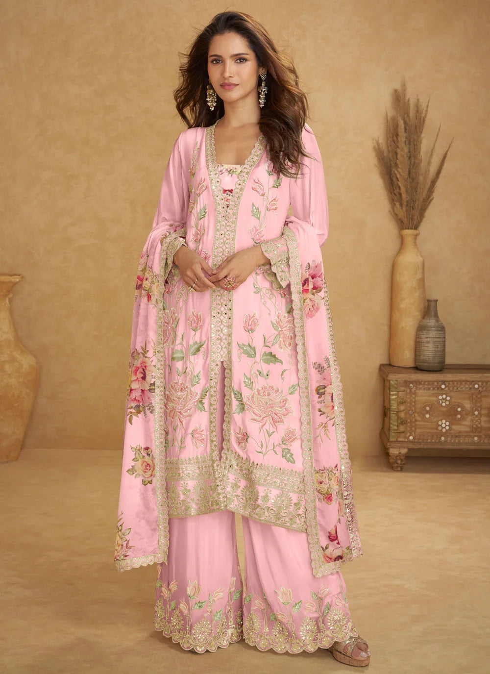 Chinon Palazzo Salwar Suit In Pink Color
