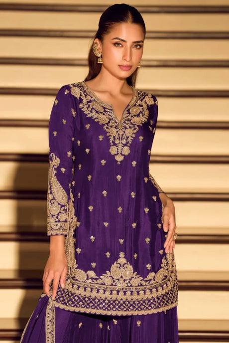 Purple Embroidered Sharara Set with Dupatta