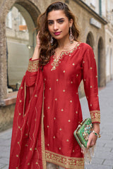 Red Embroidered Chinon Suit