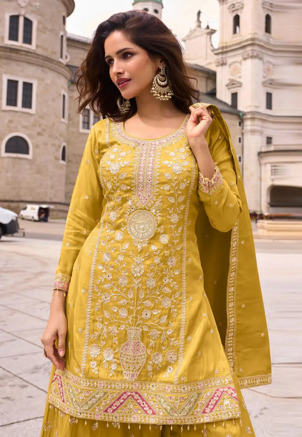 Mustard Shimmer Palazzo Suit