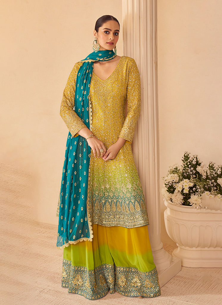 Yellow Ombre Multi Embroidery Anarkali Sharara Suit