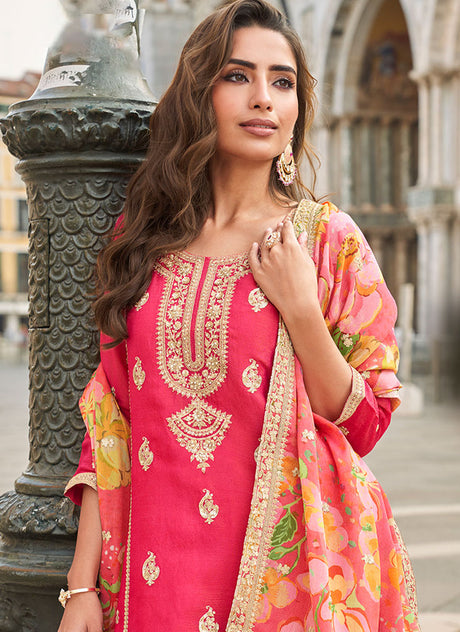 Bright Pink Embroidered Wedding Wear Sharara Suit