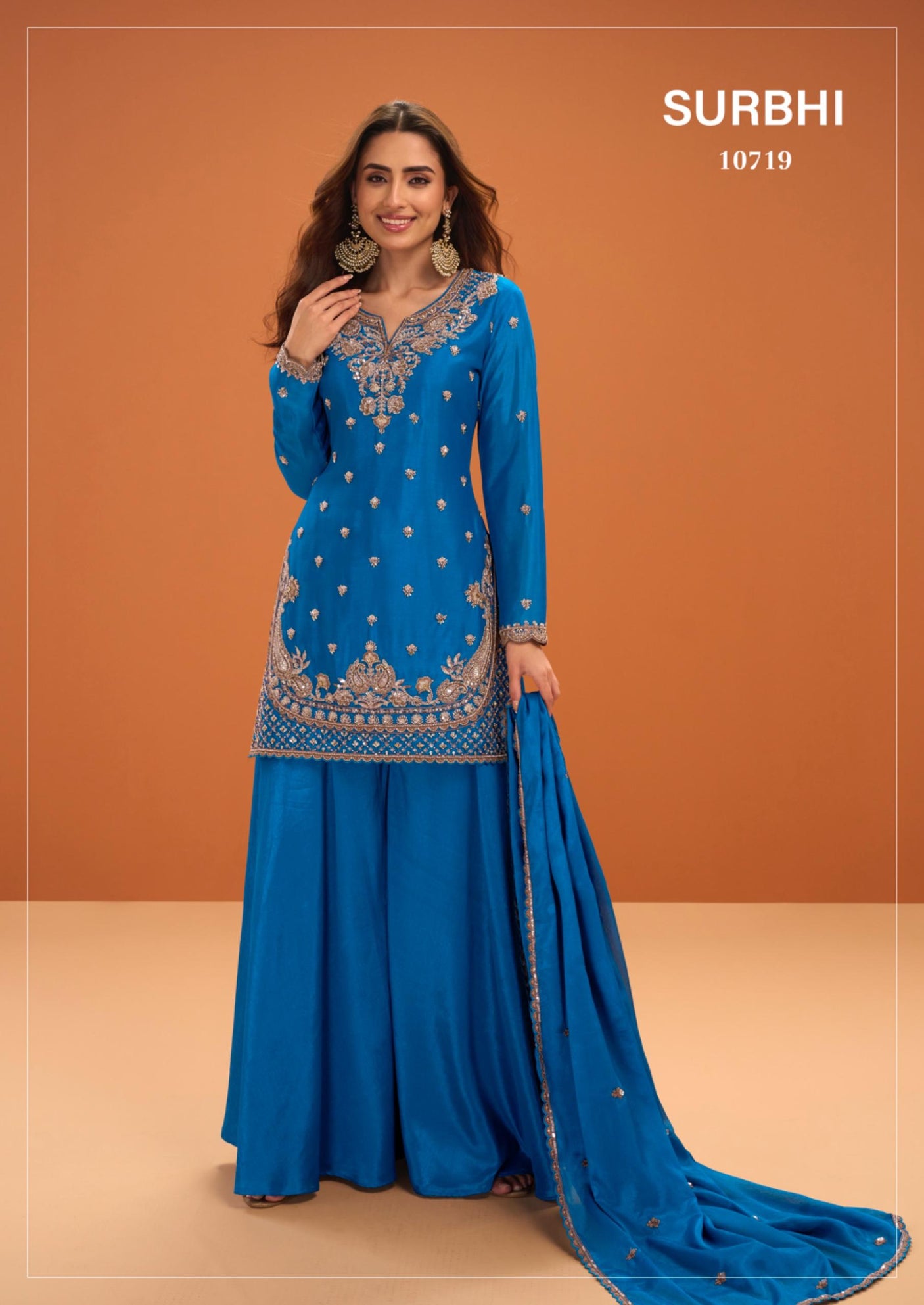 Blue Chinon Embroidered Suit