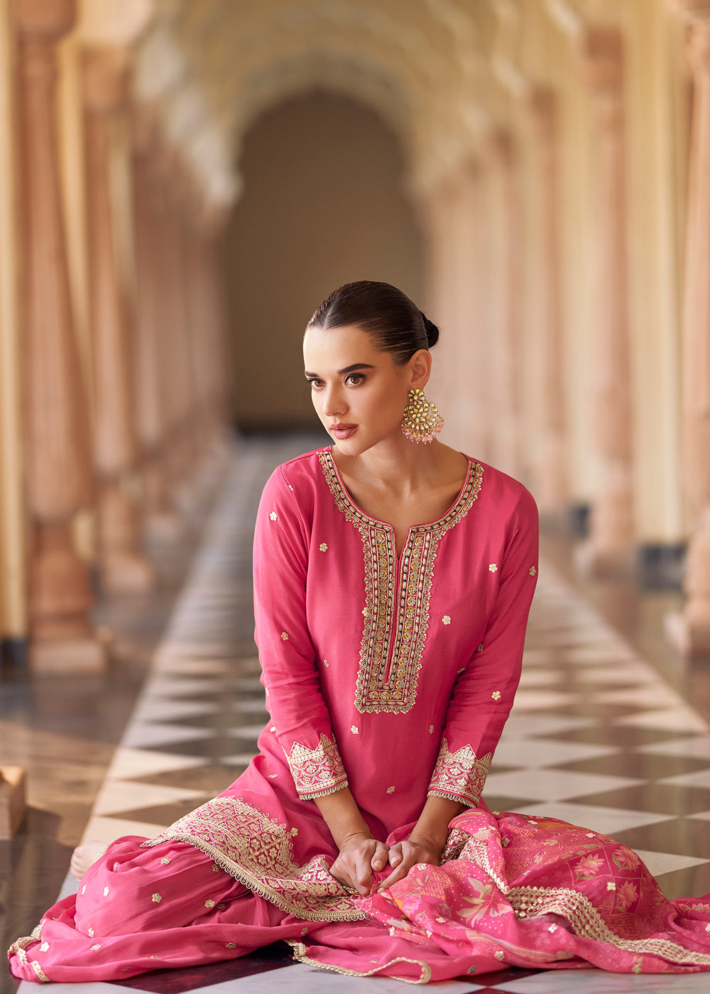 Pink Premium Chinnon Silk Festive Wear Gharara Suit