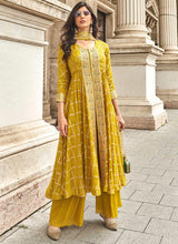 Mustard Jacquard Silk Embroidered High Slit Palazzo Suit Wedding Wear