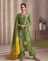 Premium Green Real Simar Silk Embroidered Top with Digital Chinon Silk Dupatta & Pant Set