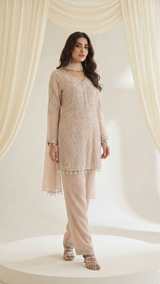 Ivory Blush Premium Georgette Suit Set with Heavy Beads Embroidery & Chinon Silk Palazzo