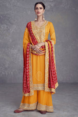 Yellow Chinon Suit With Bandhej Print