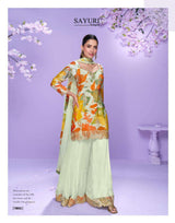 Orange & Green Floral Chinon Palazzo Suit with Dupatta