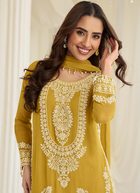 Yellow Handwork Embroidery Pant Style Suit