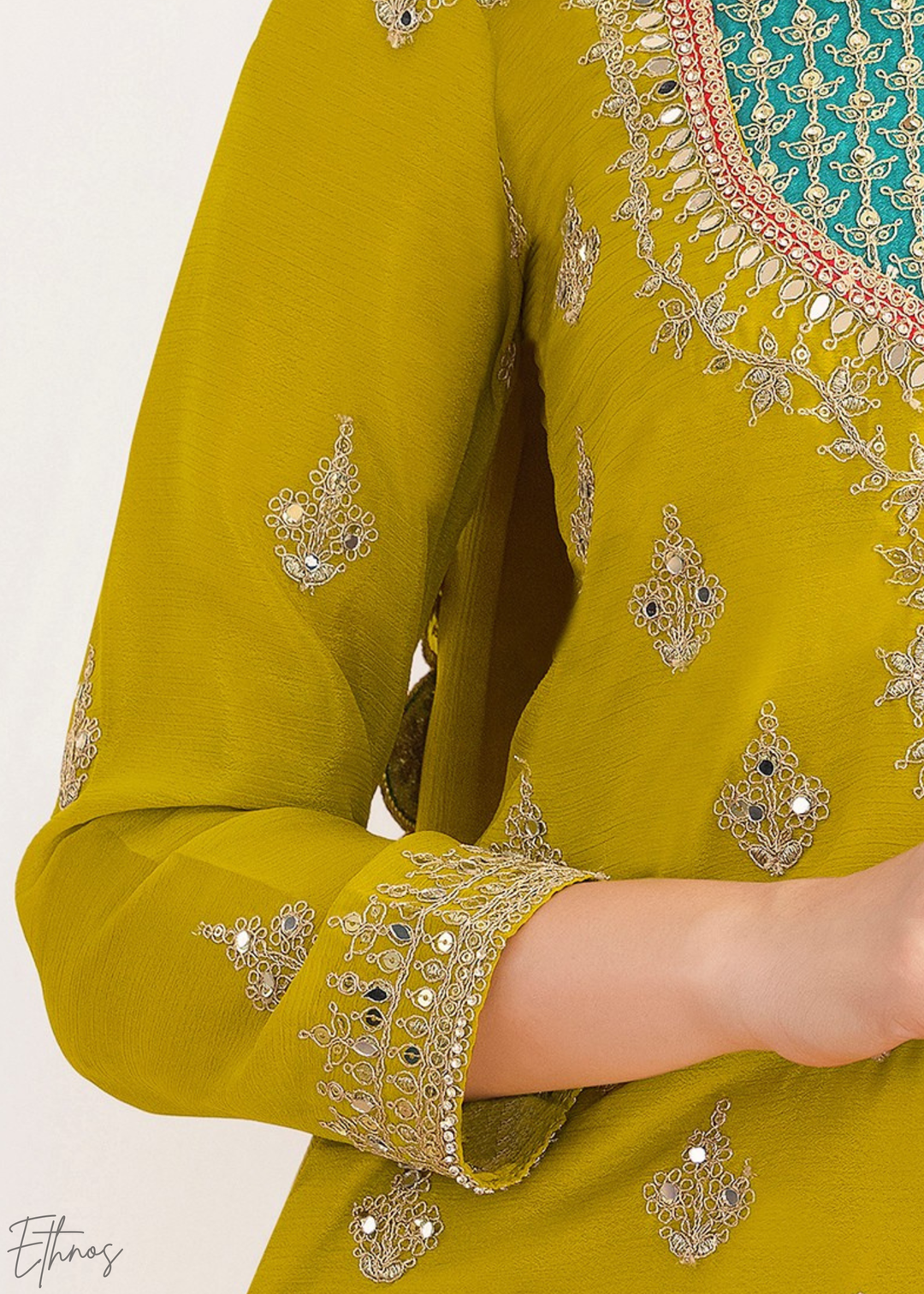 Lime Green Resham Embroidered Chinon Palazzo Suit