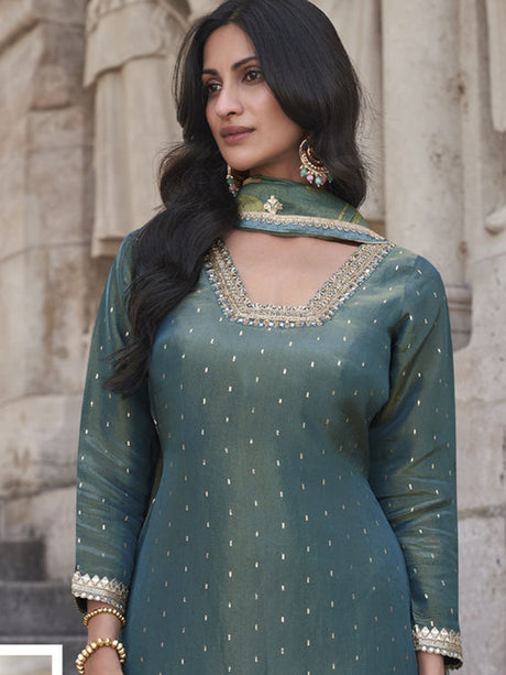 Silk Festive Salwar Kameez
in Blue with Embroidered work