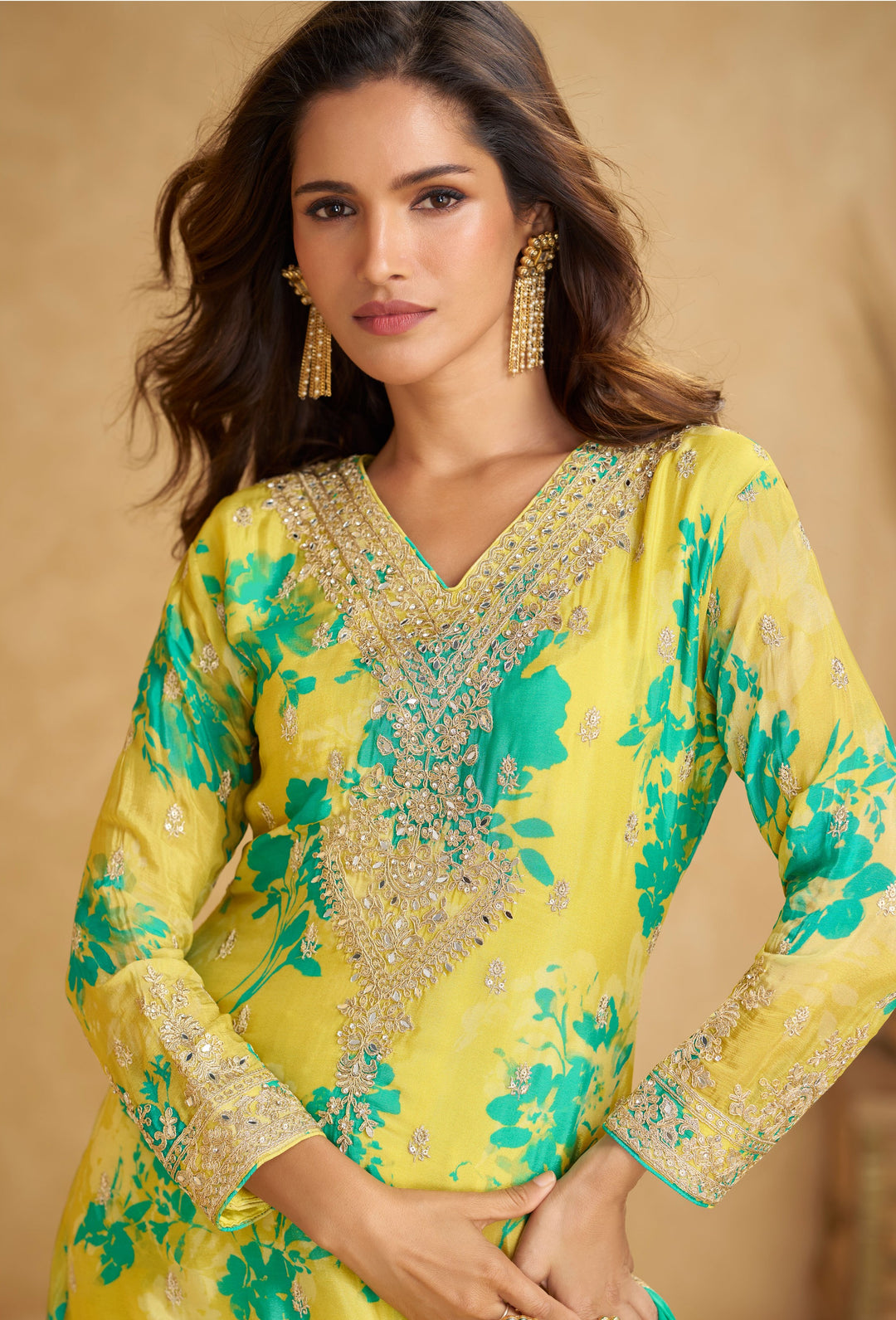 Lemon Yellow Chinon Silk With Palazzo Suit