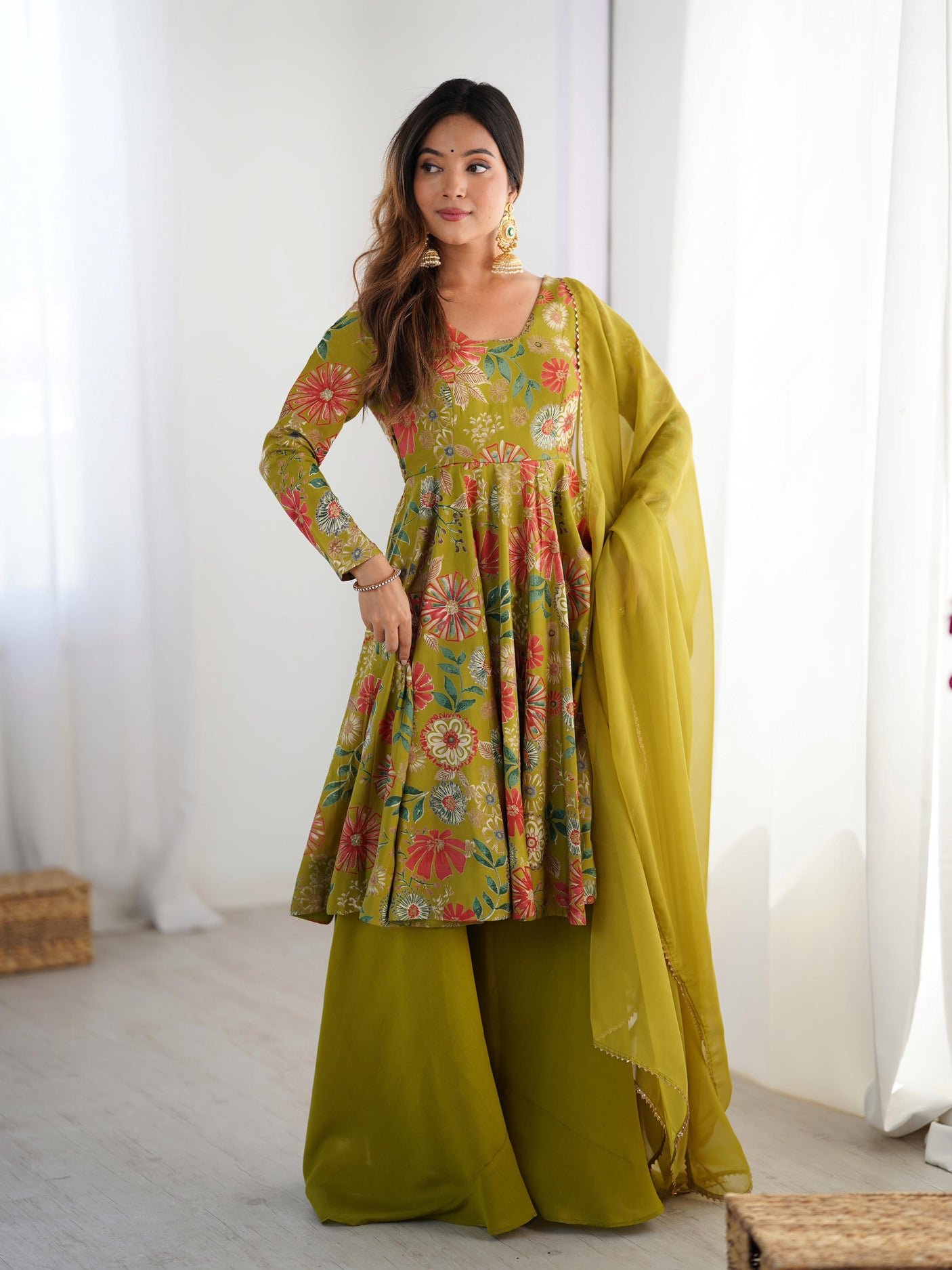 Mehndi Color Raman silk Printed Plazzo Suit