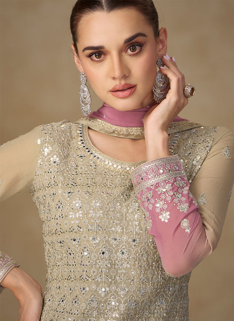 Beige Pink Ombré Embroidery Sharara Style Suit