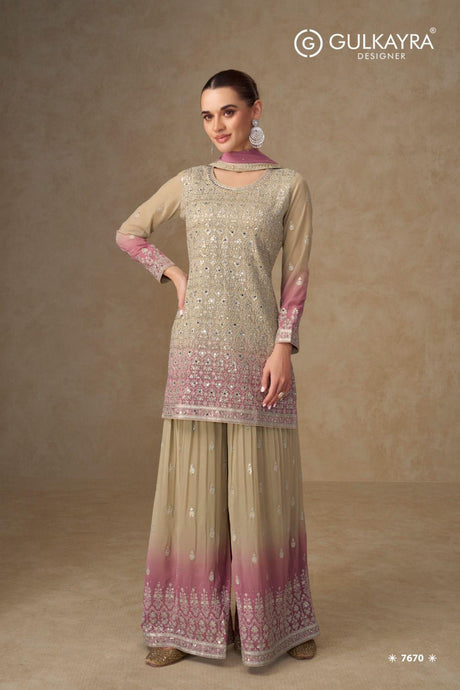 Beige Pink Ombré Embroidery Sharara Style Suit