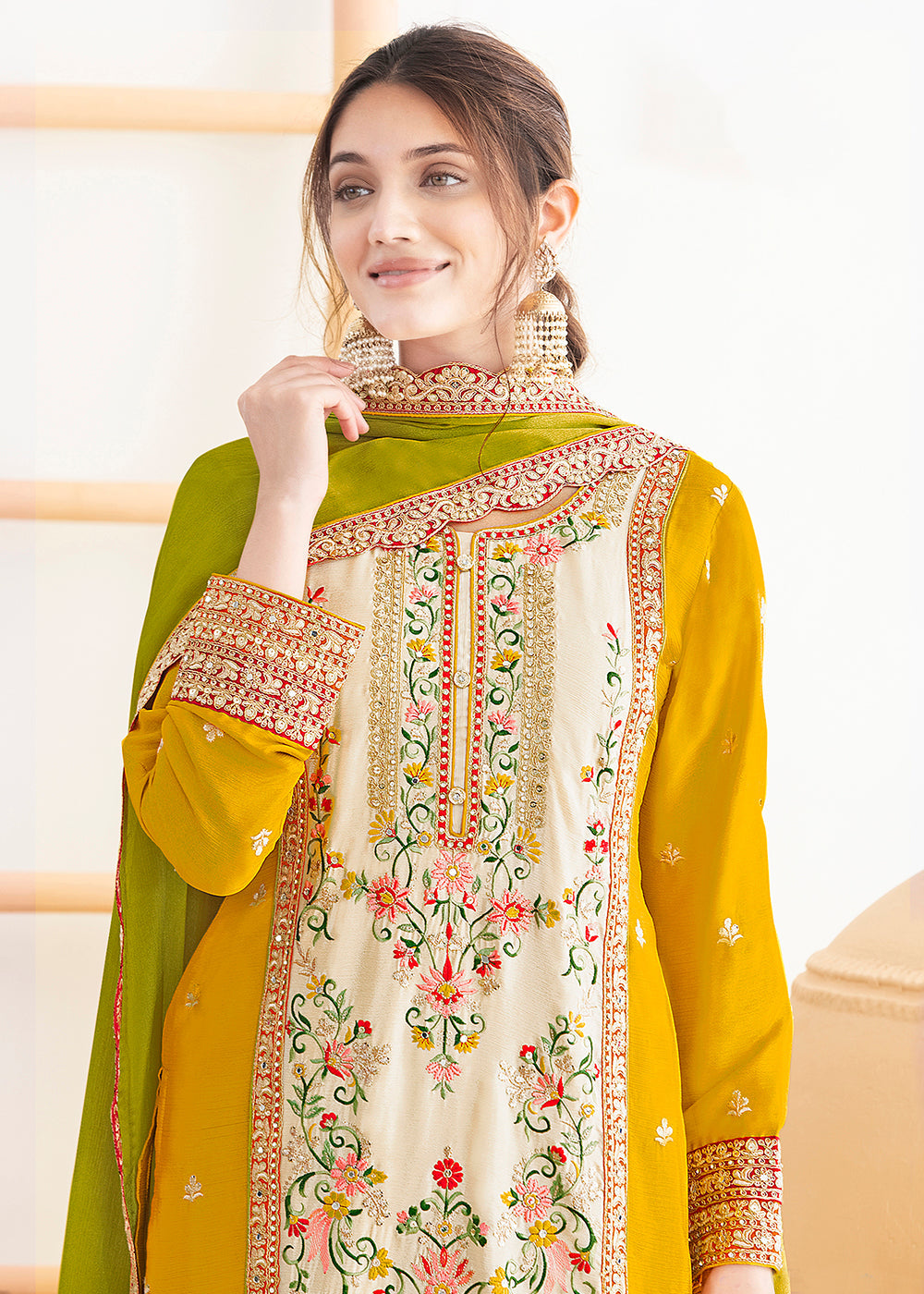 Cream & Yellow Dabka Dori & Mirror Pant Style Suit
