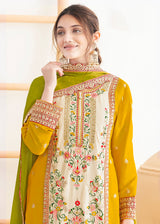 Cream & Yellow Dabka Dori & Mirror Pant Style Suit