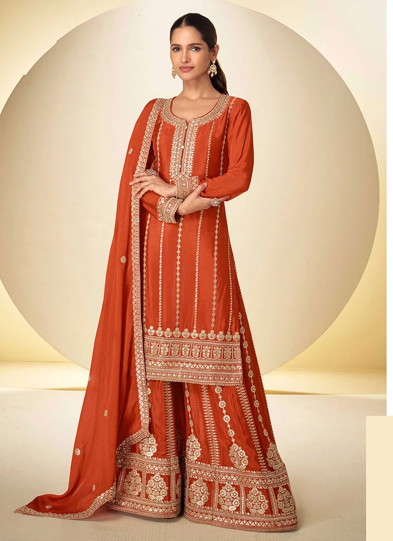 Orange Chinon Embroidered Sequins Palazzo Suit Festive Wear