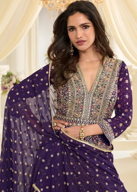 PURPLE GEORGETTE ANARKALI GOWN WITH ALL-OVER ZARKAN EMBROIDERY