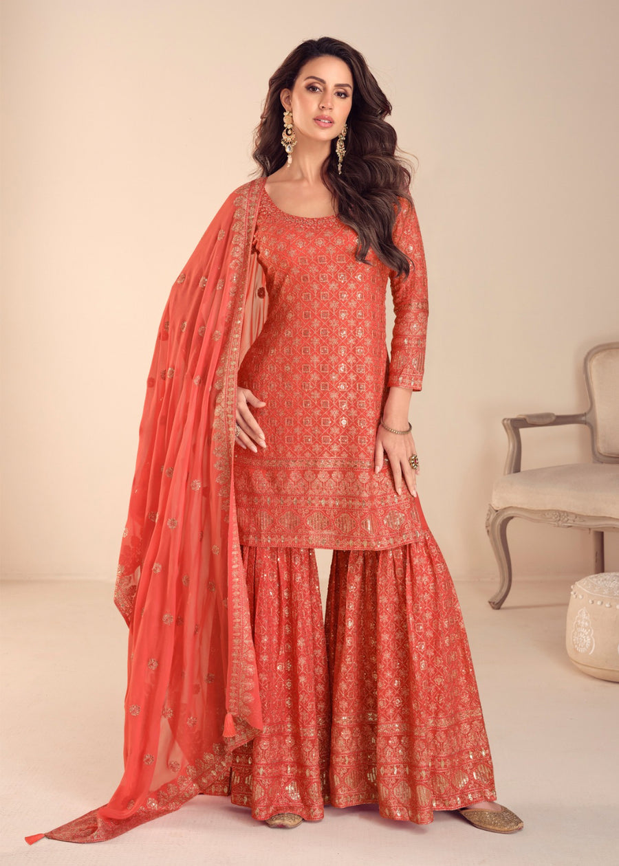 Coral Orange Georgette Gharara Suit