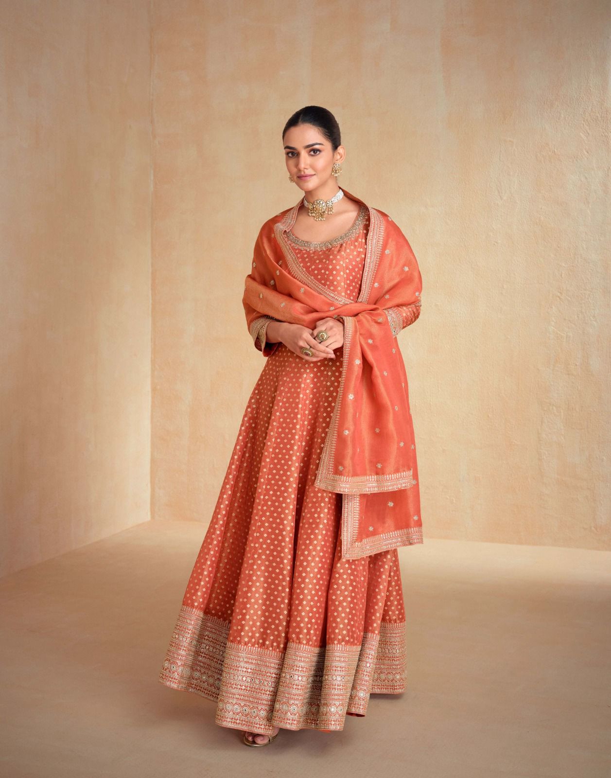 Orange Jacquard Organza Silk Gown with Dupatta