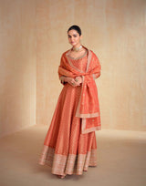 Orange Jacquard Organza Silk Gown with Dupatta