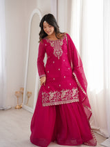 Dark Pink Embroidered Kurta With Flowy Palazzo