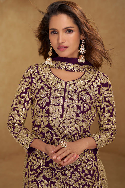 Purple Embroidered Georgette Suit