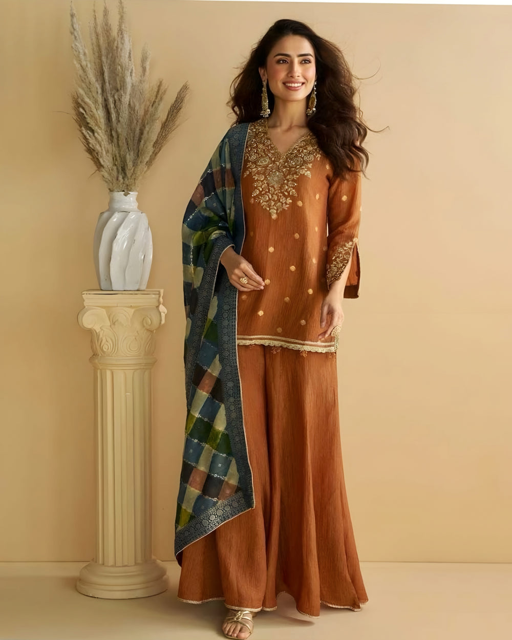 Embroidered Chinon Silk Salwar Suits with Palazzo & Dupatta